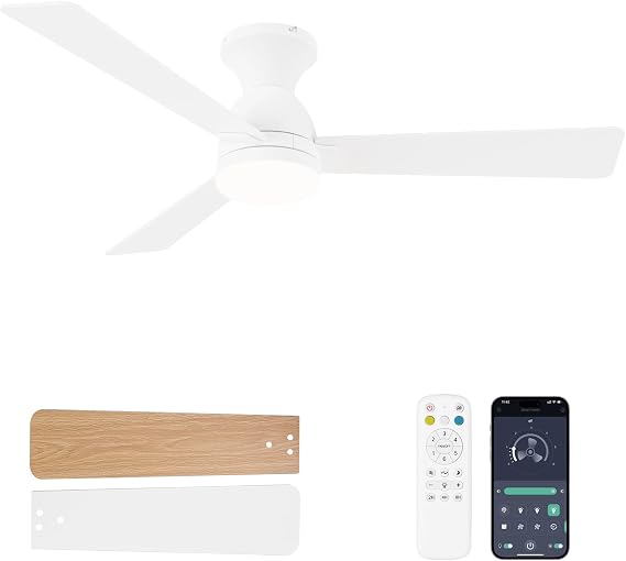 Ceiling Fans with Lights, 48" Low Profile Ceiling Fan with Light and Remote Control, Flush Mount, Reversible, 3CCT, Dimmable LED, Quiet, Ceiling Fan