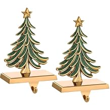 Christmas Stocking Holders for Mantle Glitter Green Xmas Tree Antique Gold Stocking Holder for Fireplace Xmas Stocking Hooks Weighted Hangers Holiday Christmas Decorations Supplies (Antique Tree)