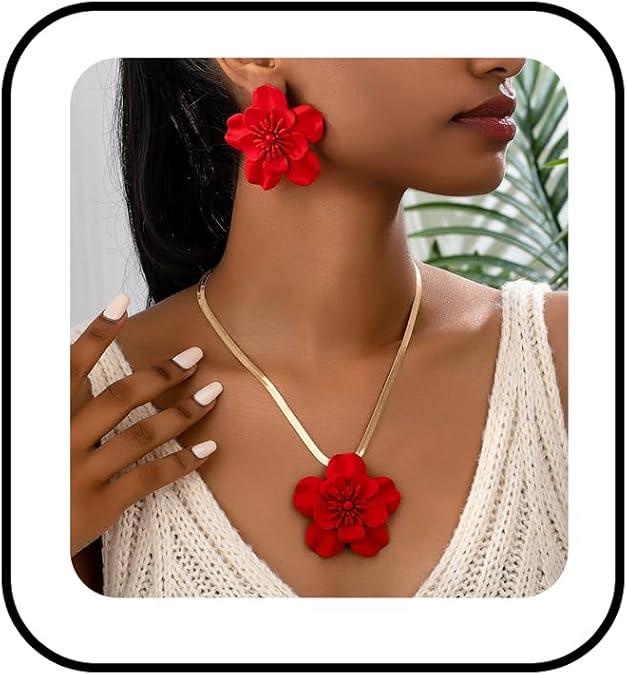 Vintage Flower Necklace Earring Set Gold Snake Chain Necklace Bohemian Red Flowers Choker Necklaces Hypoallergenic Statement Flower Stud Earrings Elegant Bridal Wedding Summer Beach Jewelry
