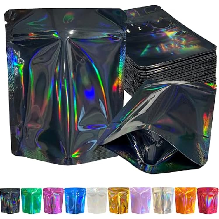 100 Pack Premium Smell Proof Mylar Bags, Resealable Storage Bags with Double-sided Holographic Printing, 5 x 4 Aluminum Foil Stand-up Packaging Bags. BlackDark Gray