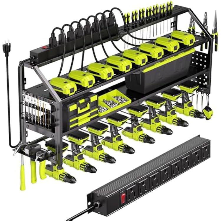 Power Tool Organizer Wall Mount with Charging Station, 8 Drill Holder with 8-Outlet Power Strip, Garage Cordless Drill Storage and Organization, Battery Utility Rack