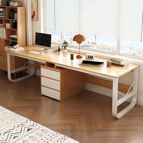 Large Two Person Desk with Drawers, Double Gaming Computer Desk Workstation, Wood Writing Study Table, Long Desk for 2 People, for Home Office(Natural)