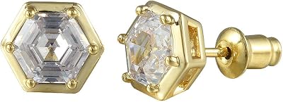 [RIZILIA BEEHIVE] Hexagon Pierced Stud Earrings with Custom-Cut 2CT 6mm Gemstone [White Cubic Zirconia] in 18K Gold Plated