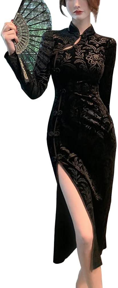 Women's Long Sleeve Velour Midi Cheongsam Dress Vintage Floral Embossed Mandarin Collar High Slit Sheath Dress
