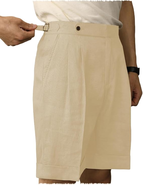 Mens Linen Gurkha Retro Shorts Classic Slim-Fit Summer Beach Lightweight Elastic Waist Shorts