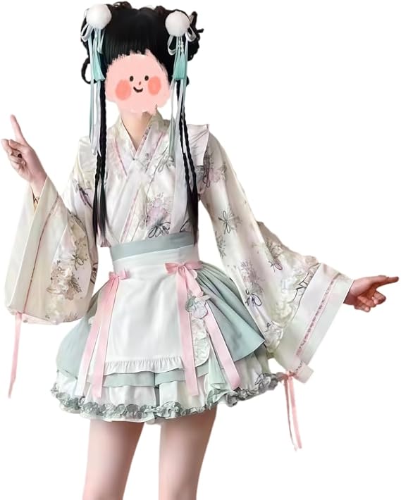 Women's Japanese Lolita Clothes, 3-Piece Set, Long Sleeves, Wide Sleeves, Cross Collar, Small Floral Pattern, Ribbon, Shirt, High Waist, Ruffles, Cute, Skirt, Lolita, Apron, Mass Production