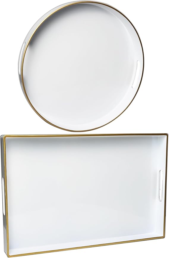 White Round and Rectangle Serving Tray with Handles for Living Room