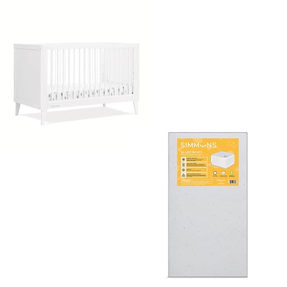 Delta Children Ollie 4-in-1 Convertible Crib, Bianca White + Simmons Kids Silver Nights Dual Sided 2-Stage Baby Crib Mattress (Bundle)