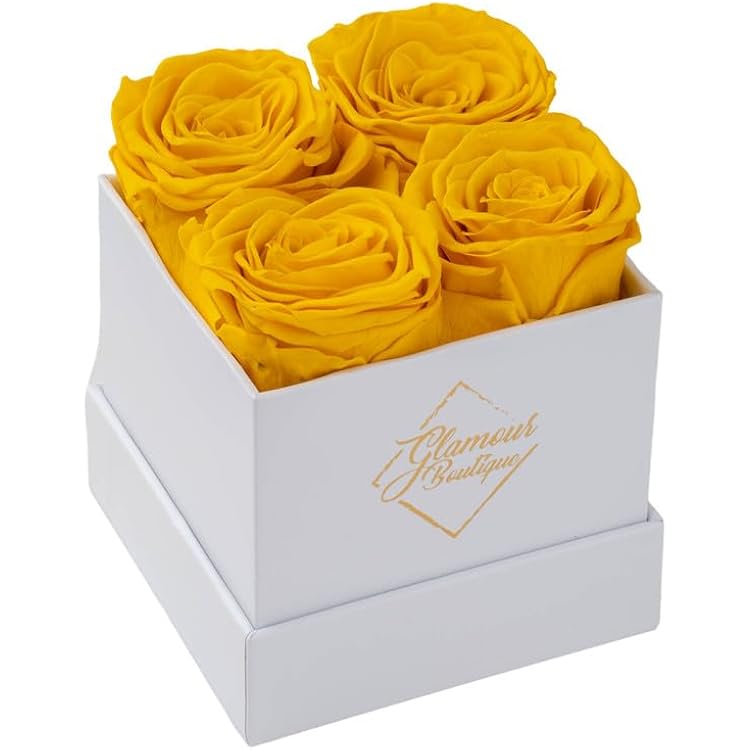 GLAMOUR BOUTIQUE Preserved Roses in a Box, 4 Roses Flowers Decor for Birthday Gift, Preserved Flowers Display, Cased in a Square Gift Box with Lid, Floral Decor, 4 x 4 x 5, Yellow Color-Treated