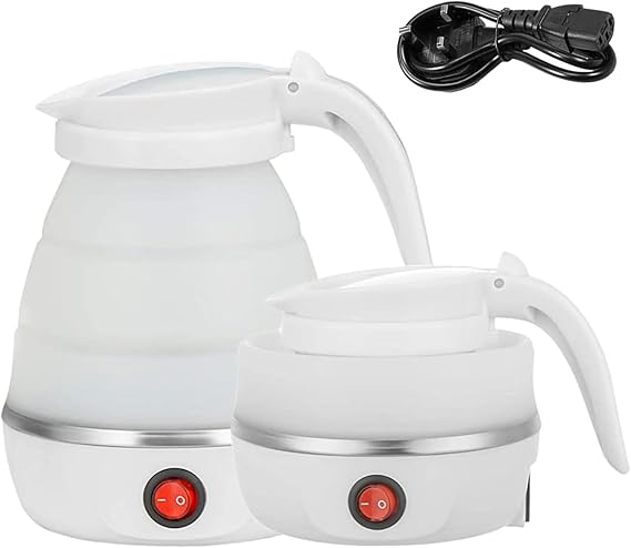 Foldable Electric Kettle Mini Travel Kettle Portable Fast Boiling 600 ML Collapsible Camping Kettle with Separable Power Cord for Outdoor Hiking Camping Traveling,White