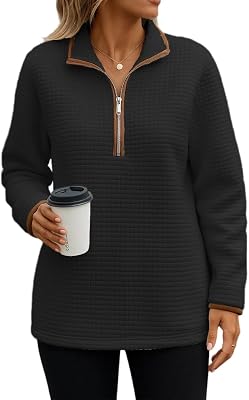 TBA Womens Quarter Zip Up Quilted Sweatshirt Lightweight Lapel Neck Long Sleeve Hoodies Loose Fall Textured Pullover Tops