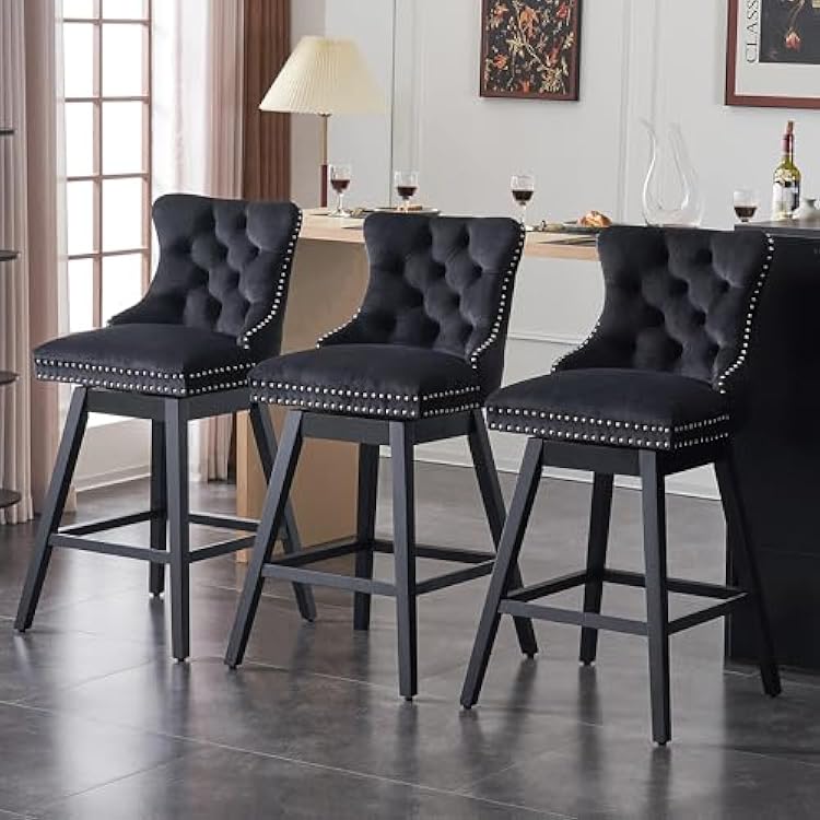 Swivel Bar Stools Set of 3, 360 Counter Height Bar Stools with Backs, Premium Velvet Fabric Upholstered Counter Height Chairs, Solid Wood Legs, Black, 30 H Seat