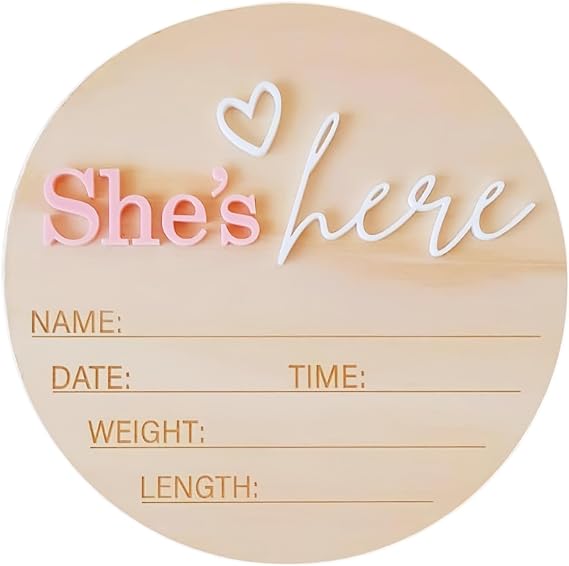 Baby Birth Announcement Sign, 5.9 Inch Wooden She's Here Newborn Gender Reveal Signs Decoration, Acrylic Hospital Birth Announcement Sign, Newborn Photo Shoot Props,Welcome Newborn Arrival To World