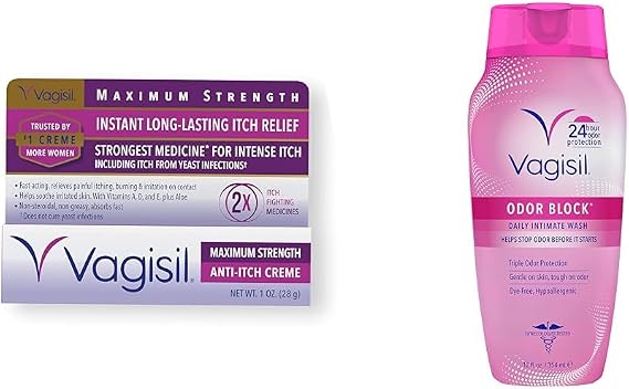 Vagisil Maximum Strength Feminine Anti-Itch Cream with Benzocaine for Women & Feminine Wash for Intimate Area Hygiene, Odor Block, Gynecologist Tested, Hypoallergenic, 12 oz, (Pack of 1)