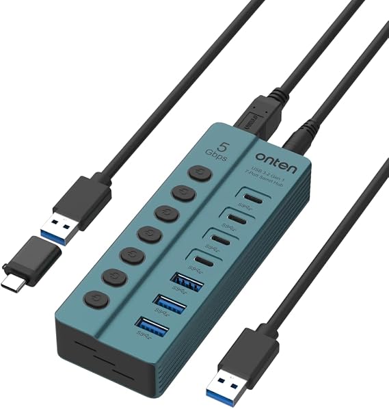 Onten 7-PortUSB 3.0 USB-C Hub, 5Gbps High - Speed Data Transfer, Independent Switches, Wide Compatibility for Laptop, Pad, Phone, Game Console