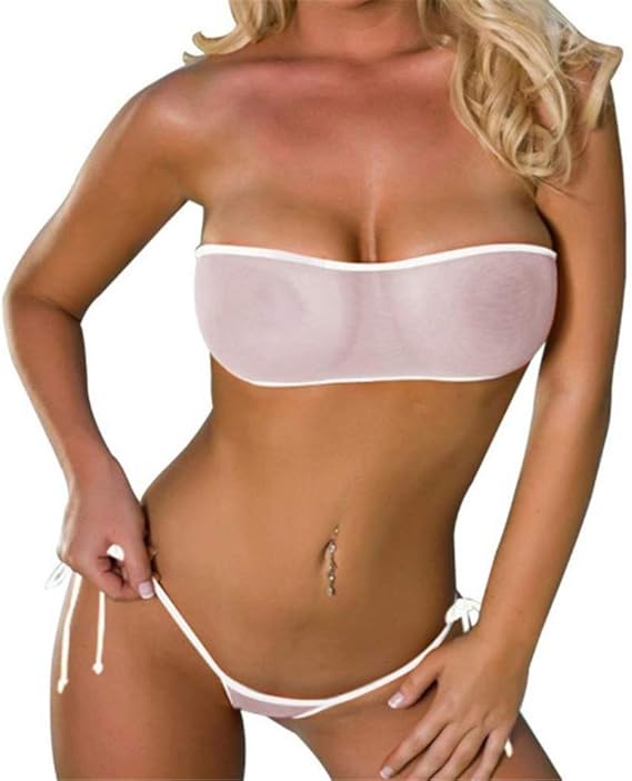Women's three-point Mesh bikini,Summer Beach See-Through Mesh Bandeau Top, Mini Brazilian Thong Bottom