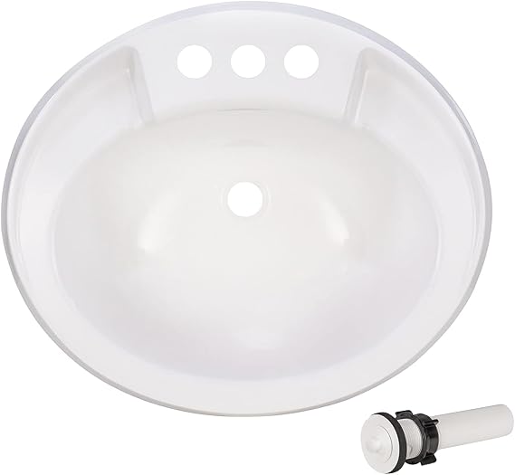 RecPro RV 20x17 Oval Bathroom Sink White Plastic with Stopper | Single Bowl Design, Lightweight and Durable, Space Saving Design, Compact Bathroom Fit