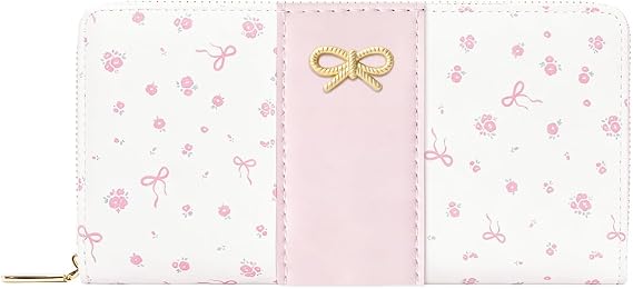 Long Wallet Floral Coquette Bow Wallet for Women (PINK) | Clutch Wallet, Phone Holder, Coin Pocket, 12 Card Slots