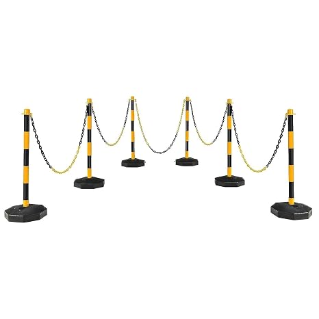 6 Pack Plastic Stanchions Chain Set, Traffic Delineator Post Cone with Fillable Base, 5 Link Chains, Crowd Control Ropes and Poles for Airports, Parks, Stores(Black & Yellow)