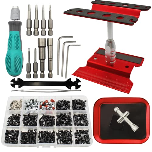 RC Car Repair Work Stand Repair Tool Set 360 Degree Rotation and 523PCS RC Screws Kit & RC Screwdrivers and Screws Pallet for 18 110 112 116 118 RC Crawler Truck Buggy Vehicle Scale Accessories