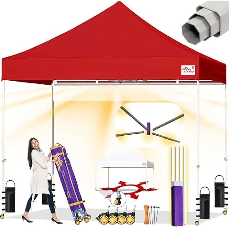 Tradesparker 10x10 Pop Up Canopy Tent,Commercial Movable Canopy with ApexCore LED&Rugged Casters-Instant Easy Setup Shelter Canopies with Weight Bags&Stakes for Outdoor Events Markets Vendors,Red
