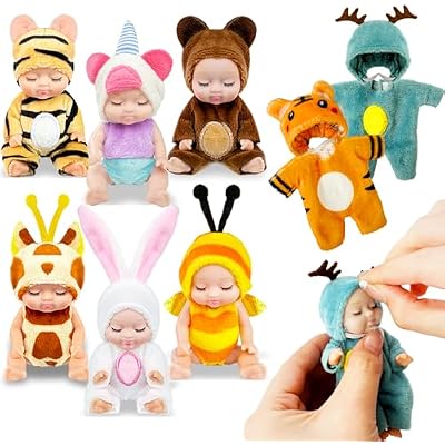 Haawooky 6 Pcs 4 Inch Mini Baby Dolls,Cute Small Baby Doll Toys with 8 Pcs Animal Clothes,Lifelike Realistic Reborn Tiny Baby Dolls for Kids Baby Shower Easter Basket Birthday Gifts