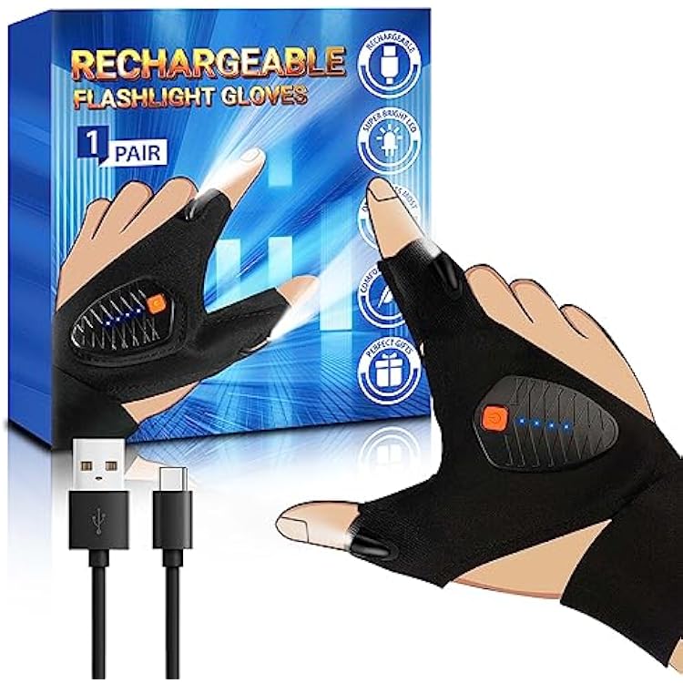 White Elephant Gifts Stocking Stuffers for Men Adults, Rechargeable LED Flashlight Gloves, Cool Gadgets for Dad Him Husband Boyfriend, Waterproof Finger Lights for Fishing Camping