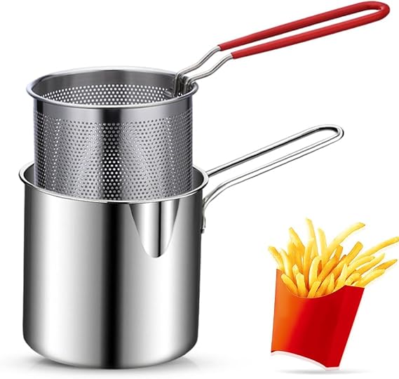 Drkicsy 304 Stainless Steel Multifuntional Fryer, Upgrade Deep Fryer with Long Handle, Versatile Steel Fryer Mini Fryer Handheld Frying Pot Household Deep Fryer Pot (1*Fryer + 1*Strainer Basket)