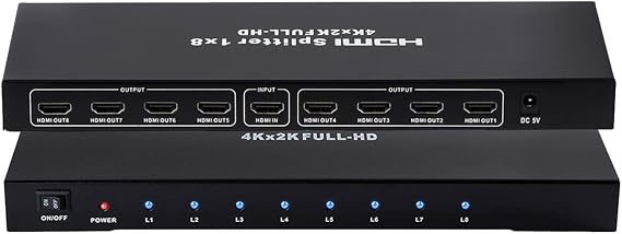 1x8 HDMI Splitter, 1 in 8 Out HDMI Splitter Audio Video Distributor Box Support Full HD 3D & 4K x 2K Compatible for Projector, HDTV, STB, DVD, PS3 Etc