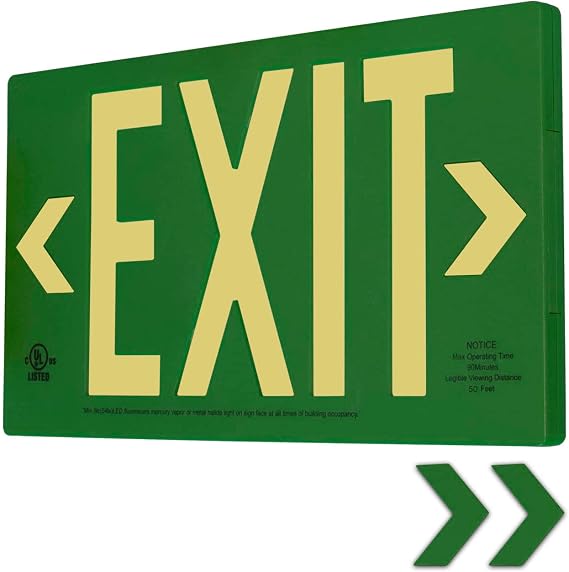 LFI Lights UL 924 Listed 50 Photoluminescent Exit Sign, Green Thermoplastic Housing, Single Sided, Wall, Ceiling or Side Mount, Optional Arrows, Glow in the Dark, No Power or Battery Needed, PA3G50S