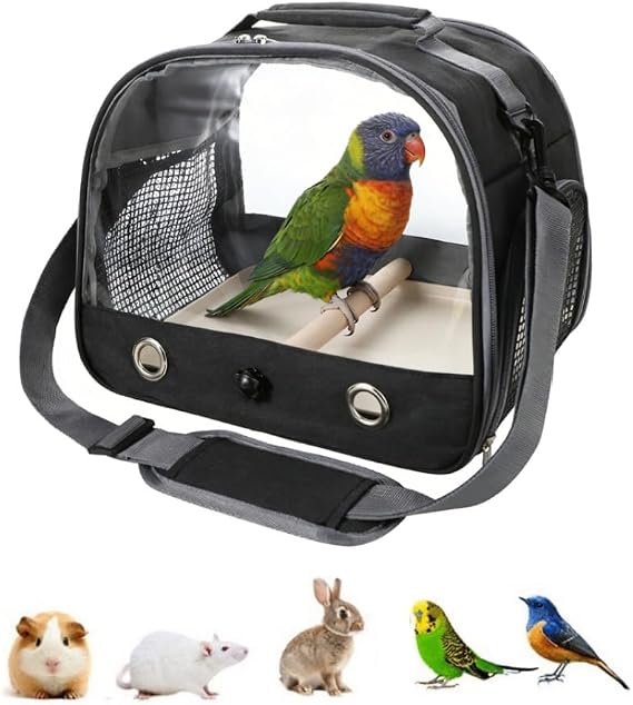 Bird Carrier with Strand Perch and PP Tray Detachable Breathable Bird Travel Cage Shoulder Bag Handbag for Budgie Parrot Small Animals (Black)