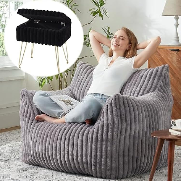 Gray Faux Fur Giant Bean Bag Chair for Adults and Black Storage Vanity Stool