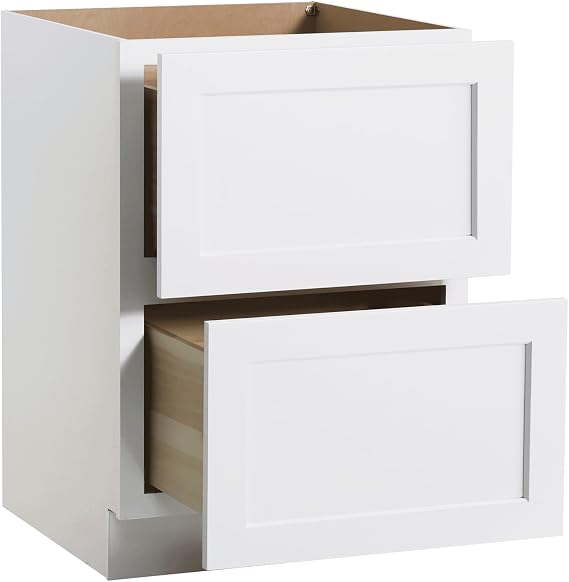 Solid Wood Frame RTA Drawer Cabinet with 2 Drawers Kitchen Base Cabinet, Standalone or Modular Design, Shaker Style (White, 24" Width x 24" Depth x 34 1/2" Height)