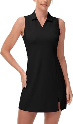 BGOWATU Womens Tennis Dress Sleeveless Collared V Neck Golf Polo Dress Side Slit Sports Dress with Shorts and Pocket