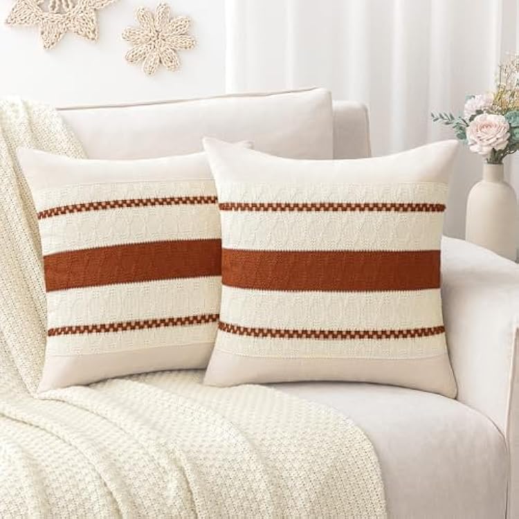 Laolitou Sofa Fall Pillow Covers 1818 Set of 2, Boho Decorative Cotton Linen Soft Rustic Rust Throw Pillow Cover for Living Room Bedroom Couch Cushions Home Decor