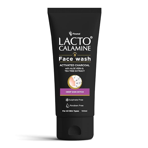 Lacto Calamine Activated Charcoal Face Wash with Aloe Vera & Tea Tree Extract for Deep Skin Detox. Removes impurities and fights blackheads & whiteheads. No Parabens, No Sulphates - 100 ml Pack of 1