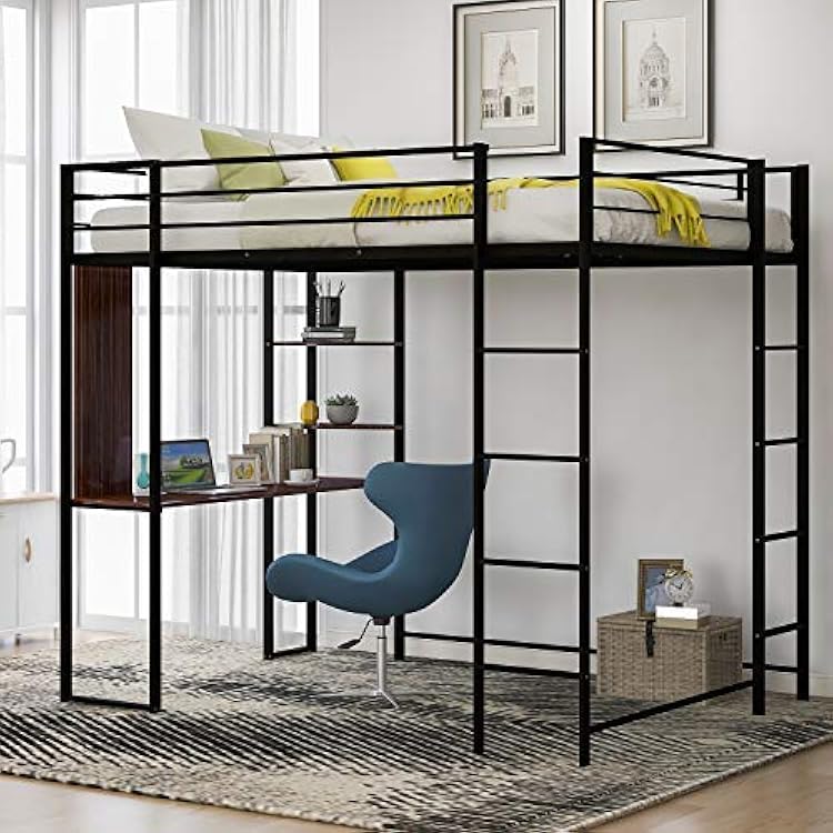 KLMM Full Size Metal Loft Bed with 2 Ladder and one Desk, Length Guardrail, Space-Saving Design, No Box Spring Needed Black
