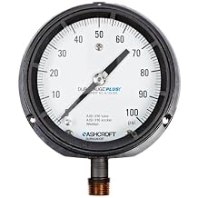 Ashcroft Duragauge Type 1279 Black Phenolic Case Pressure Gauge with PLUS Performance Option, 316 Stainless Steel Bourdon Tube and Tip, 316 Stainless Steel Socket, Solid Front Case, 4.5" Dial Size, 1/2" NPT Lower Connection, 0/100 psi Pressure Range