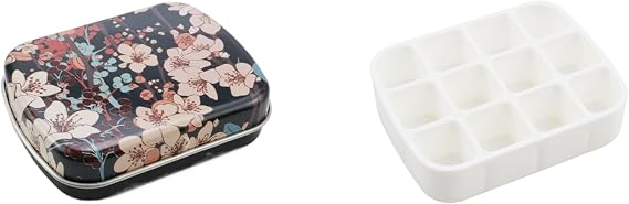 Mini Tin Box with 12-Wells Empty Watercolor Palette, Black Flower