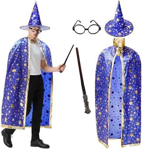 iGeeKid 4 Pack Halloween Wizard Costume Set for Adults, Include Witch Cloak, Wizard Hat, Wand and Round Glasses for Men Women