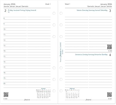 Filofax Calendar Diary Refill, PersonalCompact Size, Day on One Page with Appointments, Ruled, White Paper, Multilingual: Five Languages, 2026 C68442-26