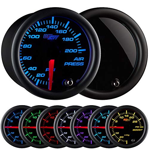 GlowShift Tinted 7 Color 200 PSI Mechanical Air Pressure Gauge - Black Dial - Smoked Lens - for Air Ride Suspension Systems - 2-1/16" 52mm