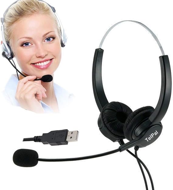 Corded Hands-Free Call Center Noise Cancelling Binaural USB Headset Headphones with Mic/Microphone - Cord with USB Plug, Volume Control- for Computer/PC/Laptop Use Only