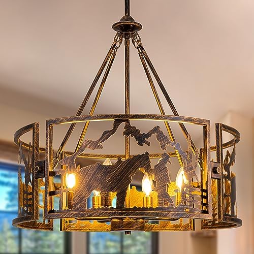 TOCHIC 6-Light Farmhouse Chandelier for Dining Room, Rustic Drum Chandelier in Bronze Metal, Western Cowboy Horse Light Fixture for Living Room, Dining Room, Bedroom, Foyers, W-26.37