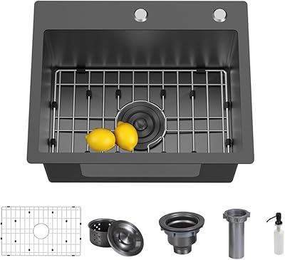 21 x 19 Inch Modern Drop In Kitchen Bar Sink, 304 Stainless Steel Black Single Bowl Topmount Sink, Nano Laundry RV Deep Workstation Sinks with Drain Strainer & Grid