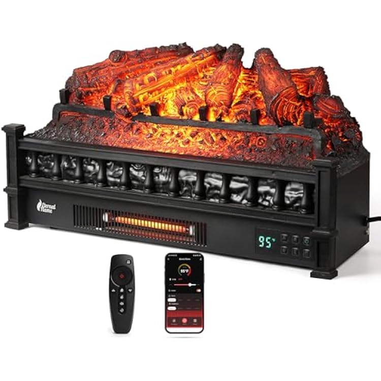 TURBRO Eternal Flame 26 in. WiFi Infrared Quartz Electric Fireplace Log Heater with Sound Crackling, Realistic Pinewood Logs, Adjustable Flame Colors, Remote Control, Thermostat, Timer, 1500W Black