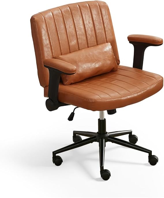Cross Legged Office Chair, Wide Desk Chair with Flip Arms, Ergonomic Criss Cross Chairs with Adjustable Height, Swivel Desk Chairs for Home Office, Vanity (Faux Leather Brown)
