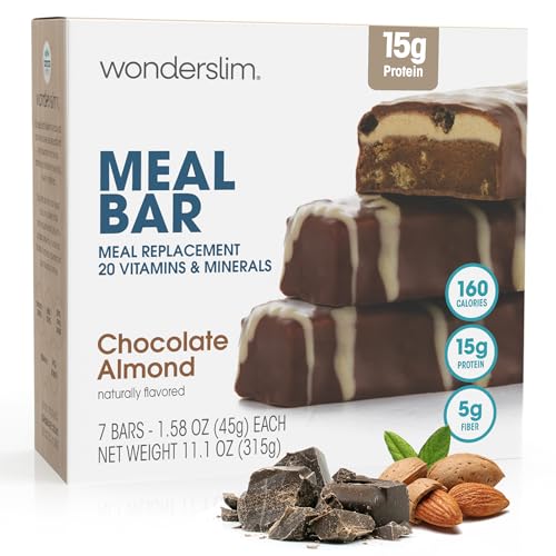 WonderSlim Meal Replacement Protein Bar, Chocolate Almond, 15g Protein, 20 Vitamins & Minerals 7ct