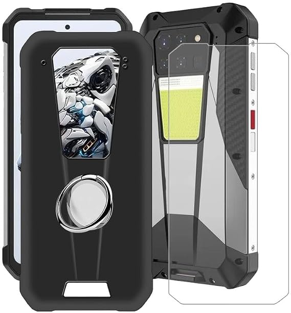 Black Case for Unihertz 8849 Tank 3 (6.79") with 1 x Tempered Glass +360 Cell Phone Metal Ring Holder, Slim Soft Silicone Military Grade Shockproof TPU Cover for Unihertz 8849 Tank 3