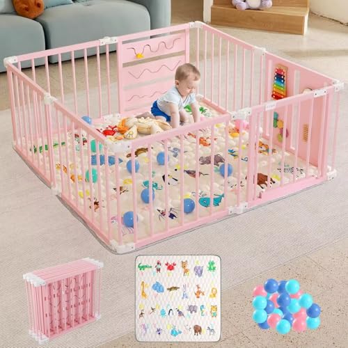 Foldable Wooden Baby Playpen with Soft Play Mat, Adjustable Playpen for Babies and Toddlers with 36 Colorful Balls, Portable Baby Fence Play Area Activity Center with Gate for Toddlers56x56x23inches